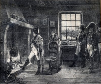 İmparator Napolyon I kar manzarasında odun ateşinde kendini ısıtıyor - 1814