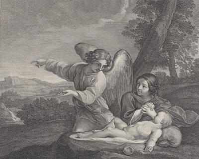 Hacer çölde ellerini uykunun yanında kavuştururken görünen melek..., 1700-28. by Charles Louis Simonneau