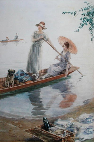 Pikniklerine geri dönen evcil köpekleriyle iki kız (kağıt üzerine suluboya) by Charles MacIvor or MacIver Grierson