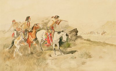 Katırcılara Saldırı, c.1895 (kağıt üzerinde kalem ve tuvalet) by Charles Marion Russell