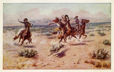 Bir kır kurdu kovalayan kovboylar by Charles Marion Russell