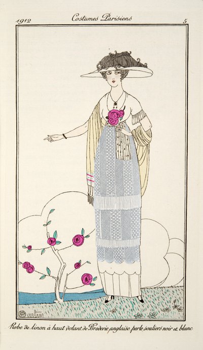 Broderie anglaise inci siyah ve beyaz ayakkabılardan yüksek fırfırlı keten elbise, Plaka 5, Journal des Dames et des Modes, 1912
