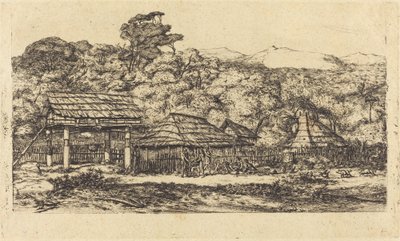 Akaroa'daki yerli tahıl ambarları ve meskenler, Banks' Island, 1845 (Akaroa'daki Yerli Ahırlar ve Kulübeler, Banks' Peninsula, 1845) by Charles Meryon