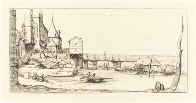 Passerelle du Pont-au-Change, Paris, 1621 Yaya Köprüsü Yangınından Sonra..., 1860. by Charles Meryon