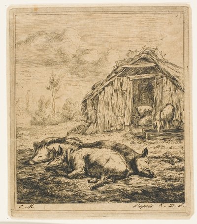 Bir Kulübenin Önünde Yatan Üç Domuz by Charles Meryon