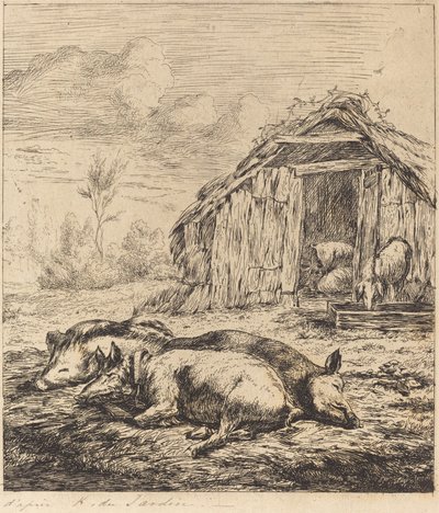 Ahırın Önünde Yatan Üç Domuz (Ahırın Önünde Yatan Üç Domuz) by Charles Meryon after Karel Dujardin