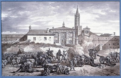 Campaigns of Italy: “” Napoleon Bonaparte (1769-1821) and marechal Augereau set a door of Verona in Italy with a cannon in 1796””” Drawing in the pen attributed to Charles Meynier (1768-1832). Dim. 0,25x0,4 m. Paris, Louvre Museum by Charles Meynier