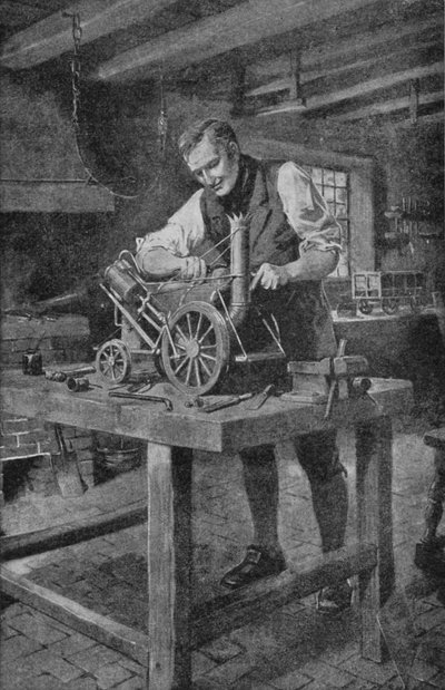George Stephenson, demiryolunu mümkün kılan motor olan Roketinin bir modelinde çalışıyor (litho) by Charles Mills (after) Sheldon