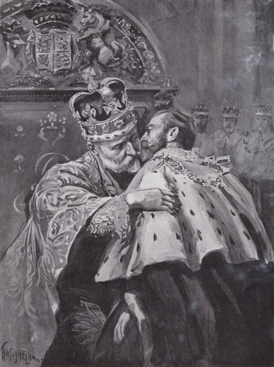 Kral Edward VII, oğlu Galler Prensi'ni kralın taç giyme töreninde kucaklarken, Westminster Abbey, Londra by Charles Mills (after) Sheldon