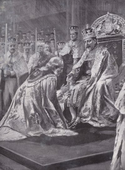 Canterbury Başpiskoposunun King Edward VII'nin taç giyme töreninde saygı duruşu, Westminster Abbey, Londra, 1902 by Charles Mills after Sheldon