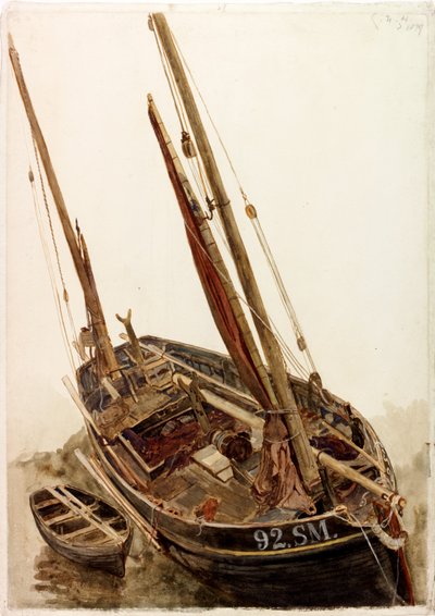 Balıkçı Teknesi ve Bot Çalışması (gövde rengi) by Charles Napier Hemy