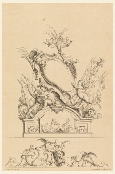 "Cartouches Nouvellement Inventez"den Taçlı Kartuş, İki Putti Servis Bacchus ve İki Aslan için Tasarım by Charles Nicolas Cochin the younger