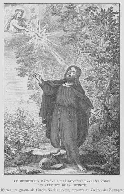 İspanyol filozof Ramon Llull, bir vizyonda tanrısallığın niteliklerini keşfediyor (lito) by Charles Nicolas II (after) Cochin