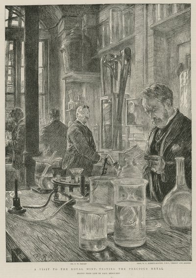 Kraliyet Darphanesi ziyareti; değerli metalin test edilmesi (gravür) by Charles Paul Renouard