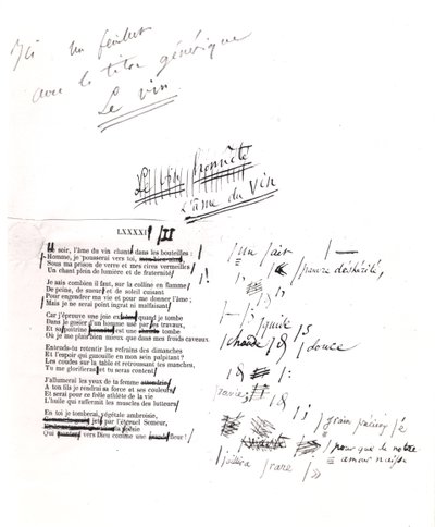 'L'Ame du vin' düzeltilmiş kanıt (kağıt üzerinde kalem ve mürekkep) by Charles Pierre Baudelaire