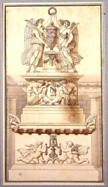 Bir Romalı Generalin Cenaze Anıtı için Tasarım, c.1800 (tebeşir, kalem ve mürekkep ve kağıt üzerinde yıkama) by Charles Pierre Joseph Normand