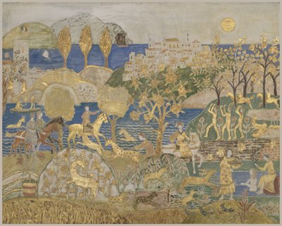 Hill Town, c.1928 (çizilmiş, gessoed panel üzerinde tempera, grafit ve altın varak) by Charles Prendergast