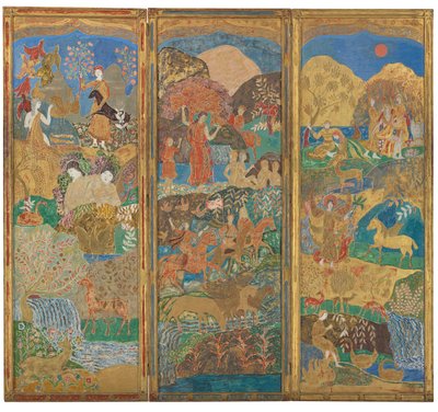 Üç Panelli Perde, c.1916-17 (jessolu ahşap üzerine yağ ve altın varak) by Charles Prendergast