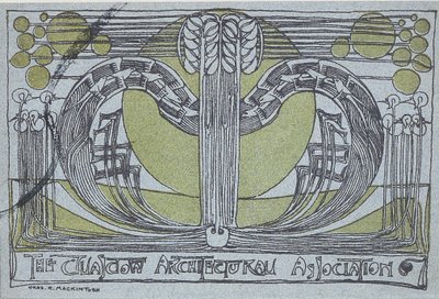 Glasgow Architectural Association için Conversazione Programı, 1894 (açık mavi kağıda siyah ve yeşil olarak basılmış linocut) by Charles Rennie Mackintosh