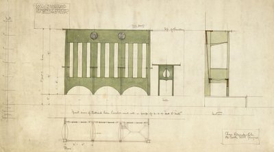 Yükselti ve kesit planında gösterilen banklar ve bir masa için tasarım by Charles Rennie Mackintosh