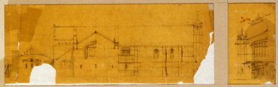 Yüksekte gösterilen bir kilise cephesi için tasarım ve cephede gösterilen kilisenin girişi için yardımcı bir tasarım, c.1895-99 by Charles Rennie Mackintosh
