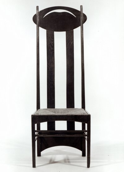 Yüksek arkalıklı sandalye, c.1897 (koyu lekeli meşe, oturma yeri ve delikli oval sırt korkulukları) by Charles Rennie Mackintosh