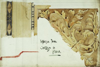 Intarsia Panel, Certosa di Pavia, 1891 (kağıt üzerine kurşun kalem ve sulu boya) by Charles Rennie Mackintosh