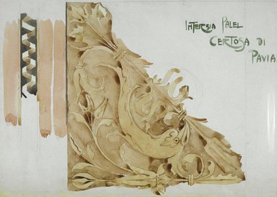 Intarsia Panel, Certosa di Pavia, 1891 (kağıt üzerine kurşun kalem ve sulu boya) by Charles Rennie Mackintosh