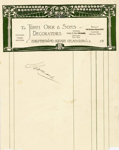 John Orr & Sons için kırtasiye tasarımı, Glasgow, c.1894-1898 (basılı kağıt) by Charles Rennie Mackintosh