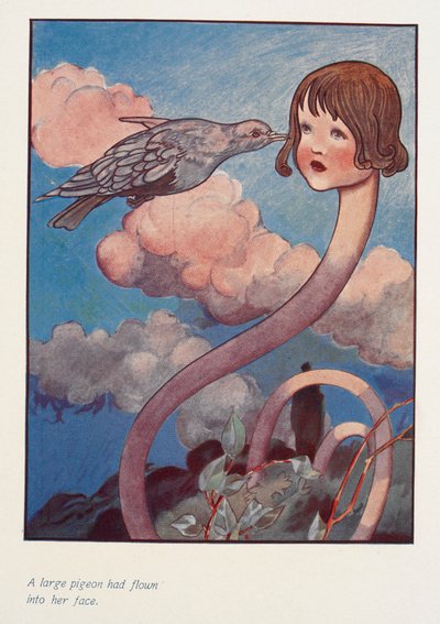 Büyük bir güvercin yüzüne doğru uçmuştu.
Uzun boyunlu Alice. by Charles Robinson