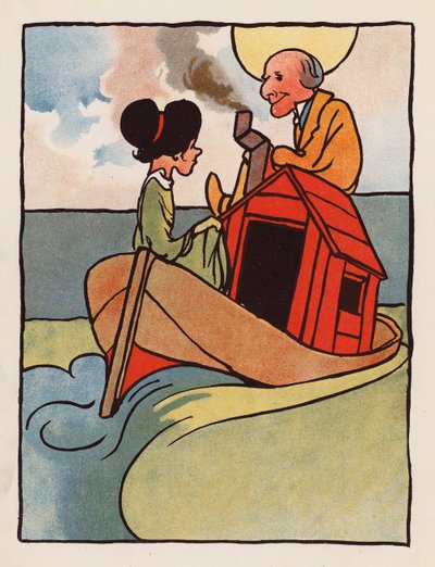Saçmalık: Yaşlı adam ve kızı evde bir teknede (renkli taşbaskı) by Charles Robinson