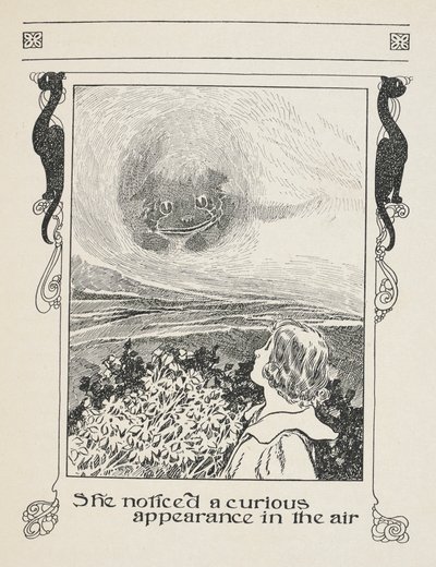 Havada tuhaf bir görüntü fark etti.
Alice ve Cheshire Kedisi. by Charles Robinson