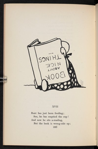 XVII.
Bir tekerleme. Baş aşağı kitap okuyan bir çocuk. by Charles Robinson