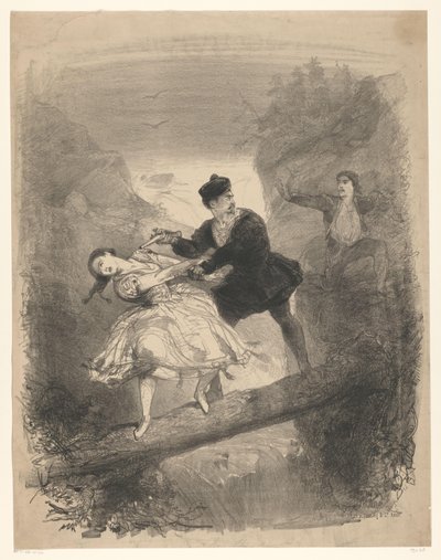 Uçurumun üstünde kadın ve erkekle bale sahnesi Amsterdam Şehir Tiyatrosu'nda oynanan bale ve oyunların duyuruları (dizi adı) by Charles Rochussen