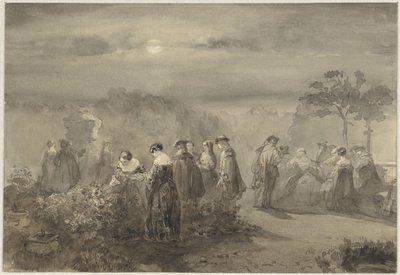 Gül çalıları ile mehtaplı bir bahçede bayanlar ve baylar şirketi by Charles Rochussen