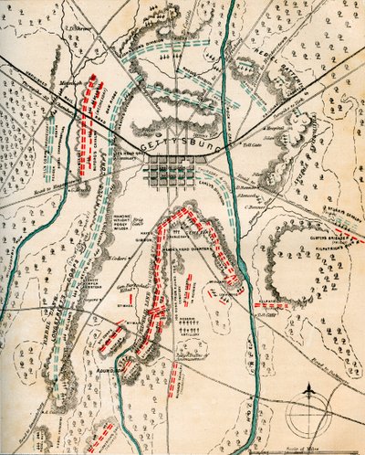 Gettysburg Savaşı Haritası, Pensilvanya, 1-3 Temmuz 1863 1862-1867. by Charles Sholl