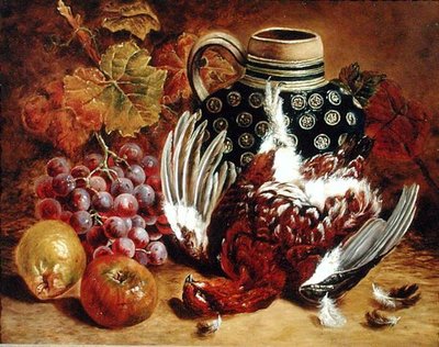 Üzüm, Elma, Orman Tavuğu ve Mavi Sürahiden Natürmort (tuval üzerine yağlı boya) by Charles Thomas Bale