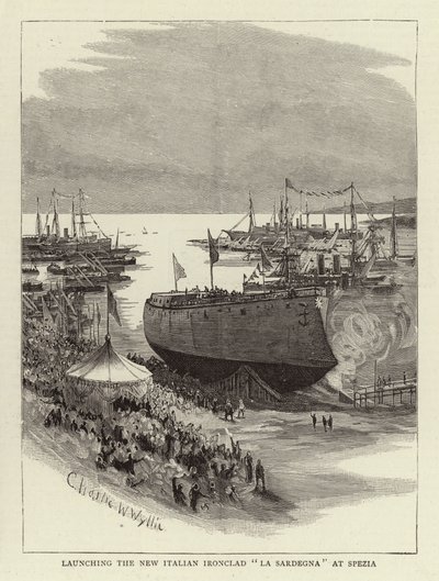Spezia'da Yeni İtalyan Zırhlı La Sardegna'nın Lansmanı by Charles William Wyllie