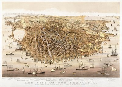 San Francisco Şehri, körfezden güneybatıya bakan kuş bakışı, Currier & Ives tarafından yayınlandı by Charles Richard Parsons