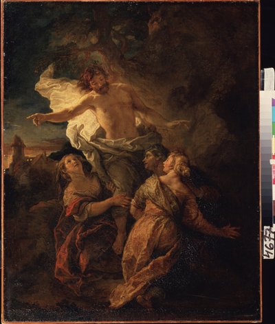 Mesih ve Kutsal Kadınlar. (Mesih ve Kutsal Kadınlar). İsa Mesih üç bakirenin önünde dirilir. Charles de La Fosse (1636-1716), 1680 başlarında tablo. Barok tarzında Fransız sanatı. Tuval üzerine yağlıboya. Puşkin Müzesi, Moskova. by Charles de la Fosse