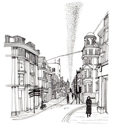 Cornmarket Caddesi, 2019 (kalem ve mürekkep) by Charlotte Orr