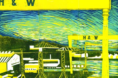 Harland & Wolff Cranes, Belfast, 2022 (linoprint) by Charlotte Orr