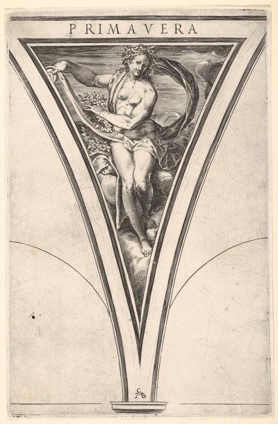 Bahar Primavera, dalgalanan bir örtü ve çelenk taşıyan bir kadın olarak temsil edildi..., yaklaşık. 1570-1615. by Cherubino Alberti