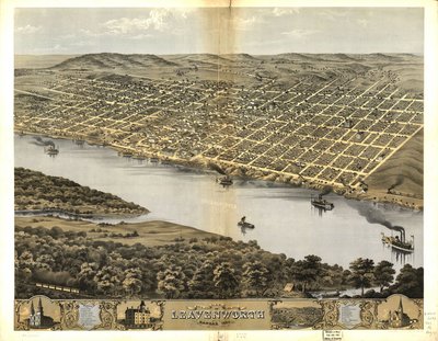 Leavenworth şehrinin kuşbakışı görünümü, Kansas 1869 by Chicago Lithographing Co.
