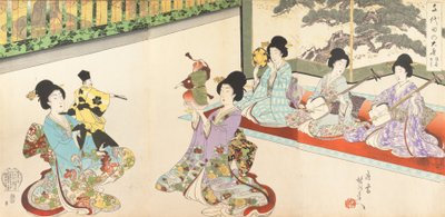 Chiyoda Kalesini Bekleyen Hanımlar: Kılıç Tatbikatı ve Kukla Kyogen, 1895., 1895. by Chikanobu Yoshu