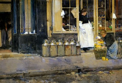 The Milk Churns, c.1888 (kağıt üzerine suluboya) by Childe Frederick Hassam