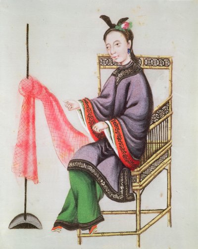 Balık ağı yapan Çinli bir Kadın, Qianlong Dönemi (1736-96) (kağıt üzerine guaj boya) by Chinese School