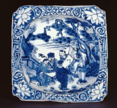 Shoulao ve diğer ölümsüzlerle boyanmış mavi ve beyaz kosometsuke kare tabak, Tianqi, 1621-27 (porselen) by Chinese School