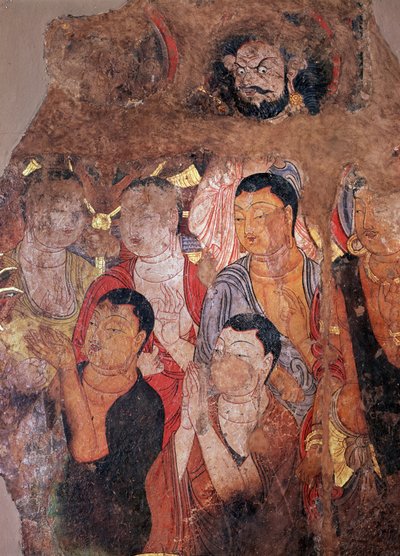 Budizm: ""Keşişler ve Bodhisattvalar grubu"" (veya bodhisatta) (Bodhisattvalar ve keşişler) Çin Shiksha manastırından 8. yüzyıldan kalma fresk parçası. Dim 144x101 cm Ermitaj Müzesi, Sankt Petersburg by Chinese School