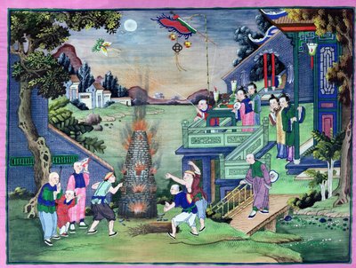 Havai Fişek ve Uçurtmalarla Kutlama (boyalı tekstil) by Chinese School